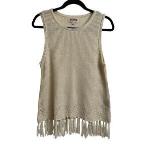 PEPIN Sleeveless Fringe Boho Knit Acrylic Blend Ivory Top Medium